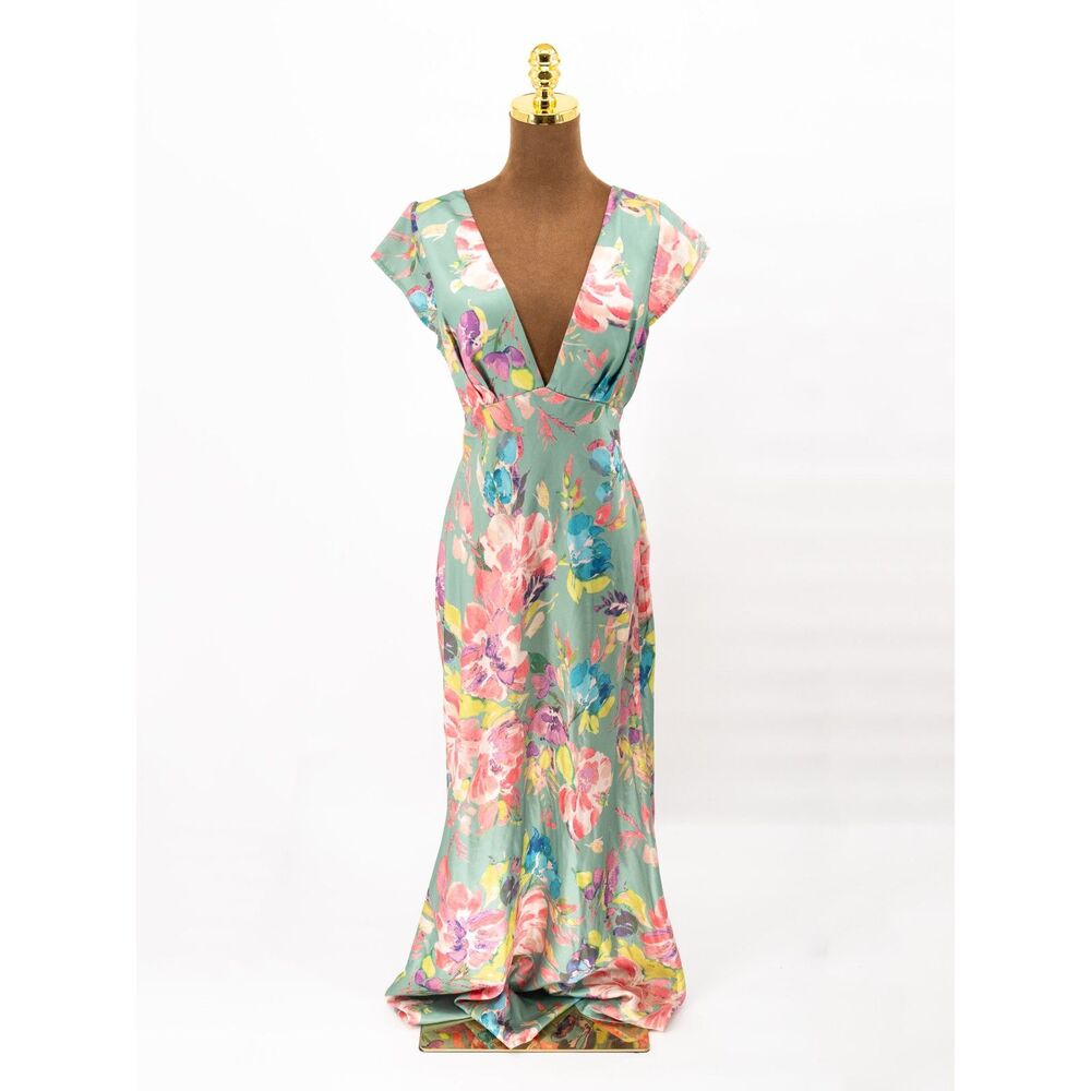 Hello Molly Womens 8 Maxi Dress Floral Short Sleeve V Neck Long Dress EUC!